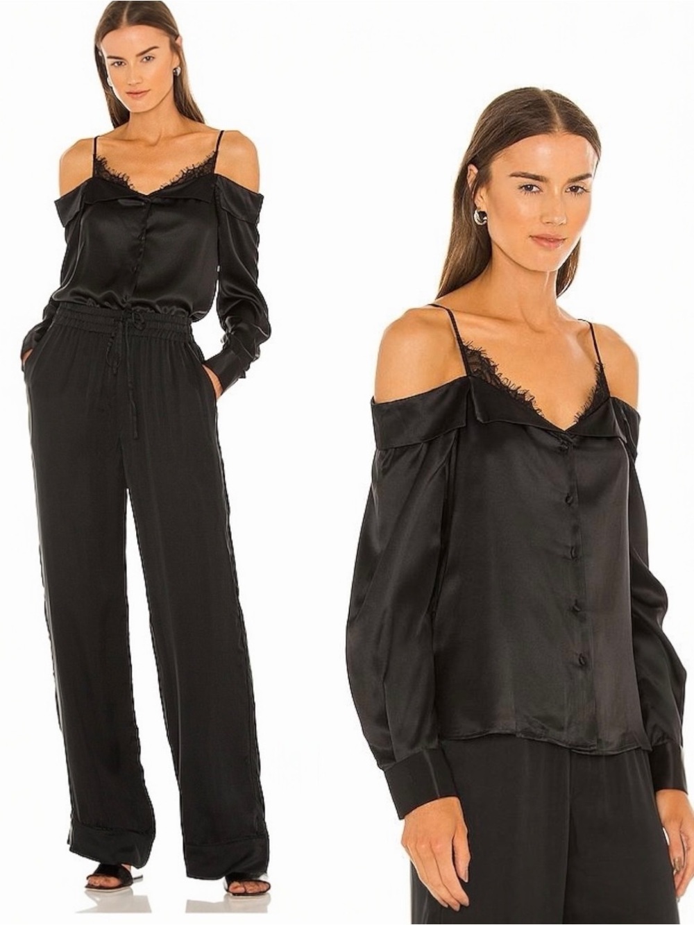 JONATHAN SIMKHAI Caylee Black Silk Lace Off Shoulder Blouse Top Size Small New